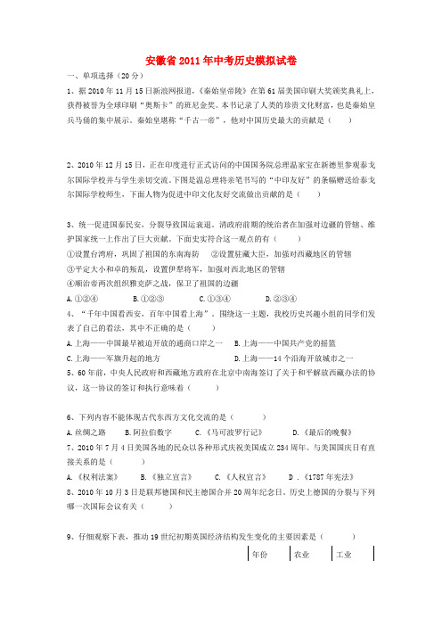 安徽省2011年中考历史模拟试卷 人教新课标版