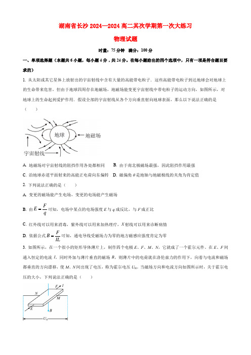 湖南省长沙2024_2025高二物理下学期第一次月考试题