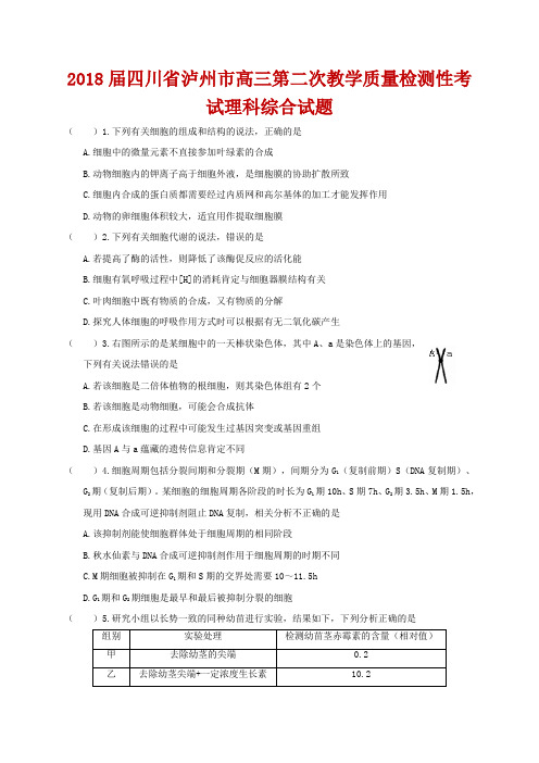2018届四川省泸州市高三第二次教学质量检测性考试理科综合试题(WORD版)