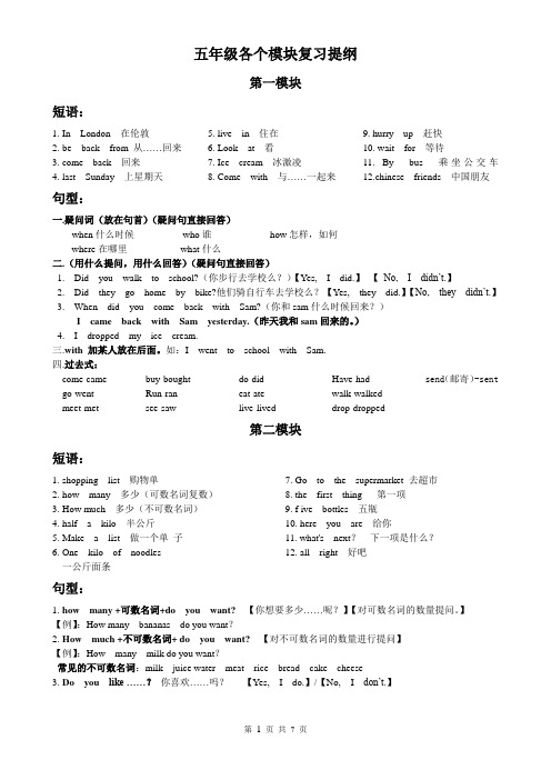 五年级各个模块复习提纲 短语+句型