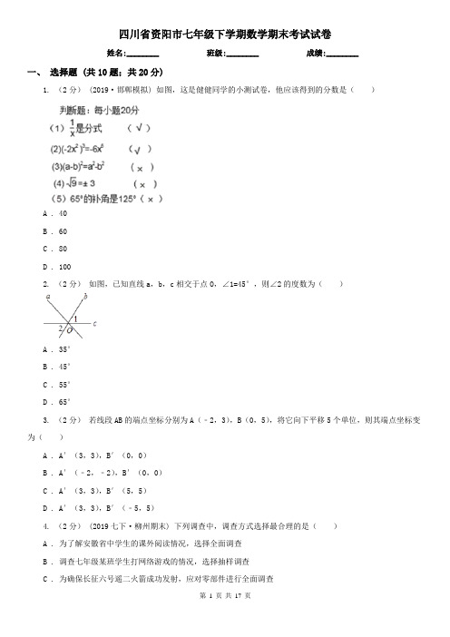 四川省资阳市七年级下学期数学期末考试试卷