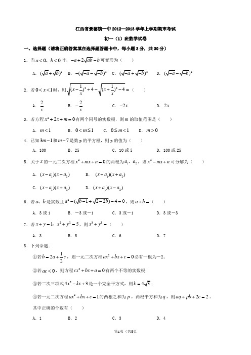 江西省景德镇一中2012-2013学年七年级(1)上学期期末考试数学试题