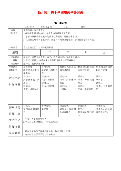 幼儿园中班上学期周教学计划表(17个周)