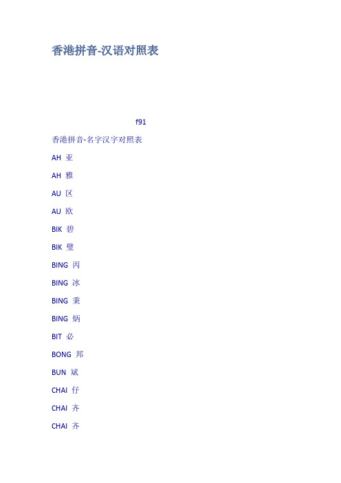 香港拼音汉语对照表