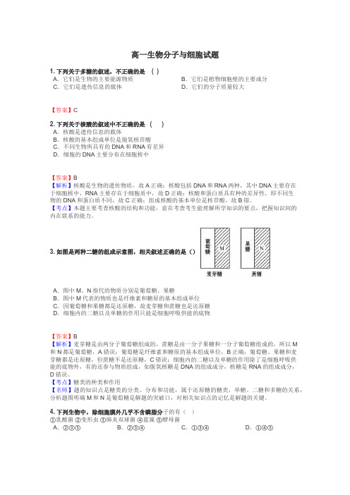 高一生物分子与细胞试题
