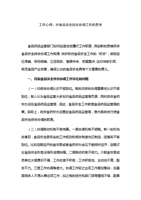 工作心得：对食品安全综合协调工作的思考