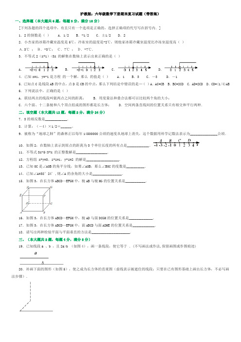 沪教版六年级数学下册期末复习试题