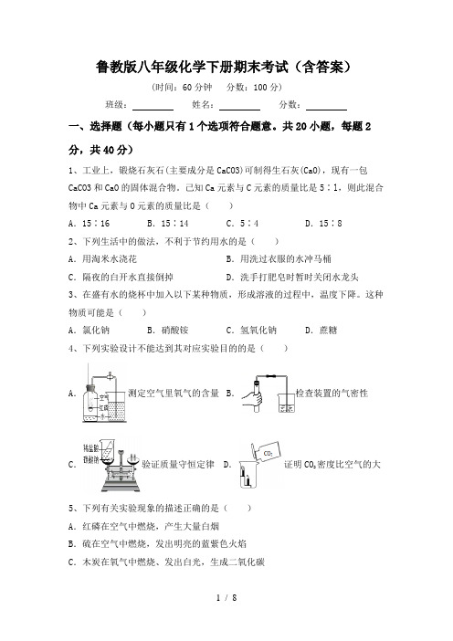 鲁教版八年级化学下册期末考试(含答案)