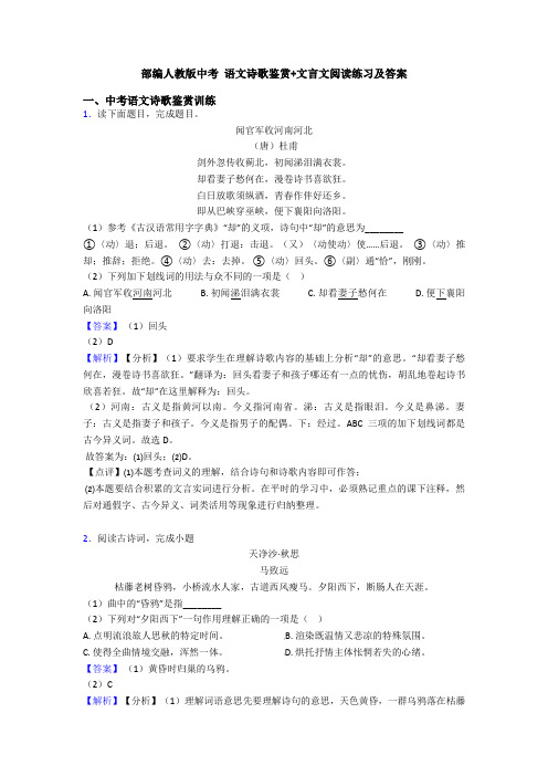 部编人教版中考 语文诗歌鉴赏+文言文阅读练习及答案