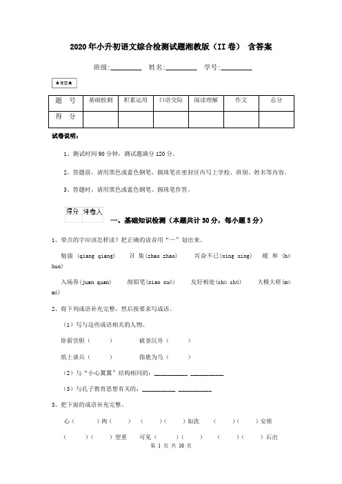 2020年小升初语文综合检测试题湘教版(II卷) 含答案