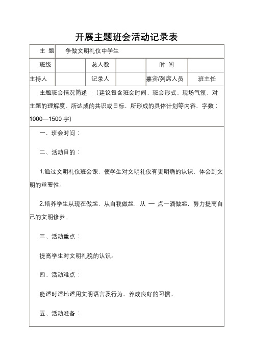 开展主题班会活动记录表