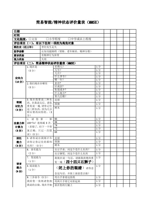 简易智能精神状态评价量表MMSE