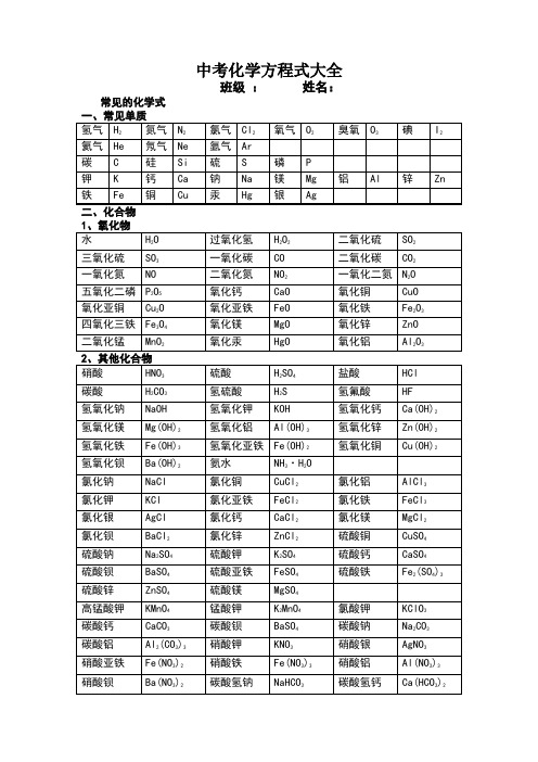 初中常见化学式大全