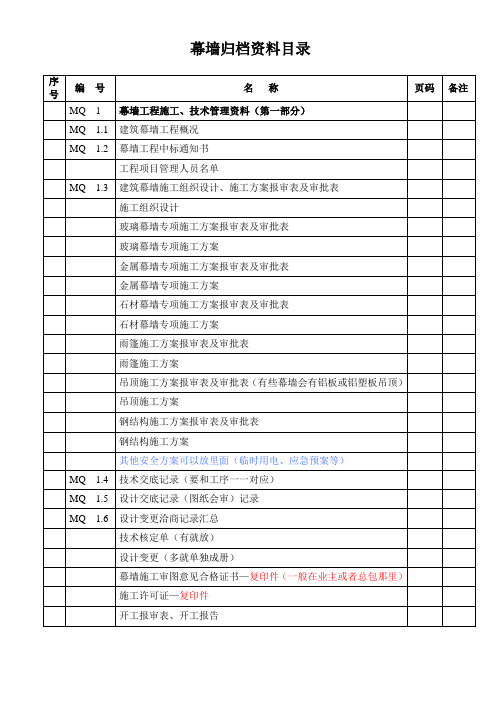 幕墙资料归档目录