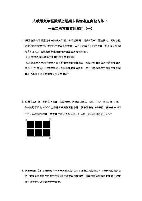 人教版九年级数学上册期末易错难点突破专练 ：一元二次方程实际应用(一)