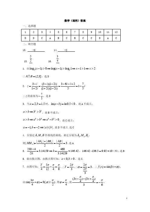 江西省上饶市2021届高三数学上学期第一次模拟考试试题 理 答案