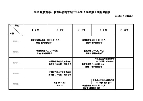 2016级教育学、教育经济与管理2016-2017学年第1学期课程表