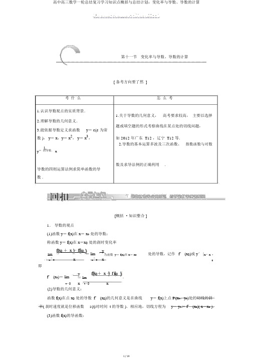 高中高三数学一轮总结复习学习知识点归纳与总结计划：变化率与导数、导数的计算