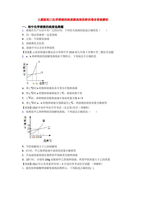 人教版初三化学溶液的浓度提高培优特训卷含答案解析