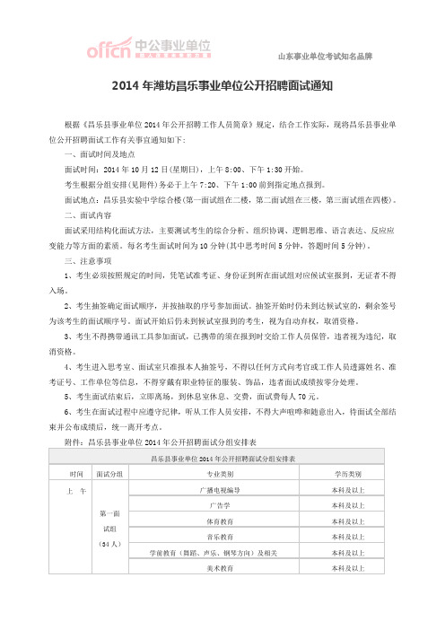 2014年潍坊昌乐事业单位公开招聘面试通知
