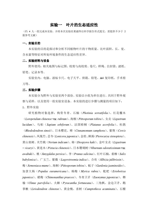 叶片的生态适应性生态学实验