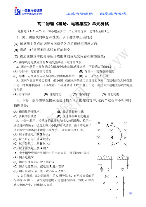 高二物理《磁场、电磁感应》单元测试