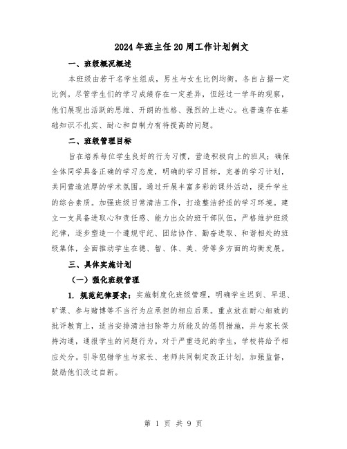 2024年班主任20周工作计划例文（五篇）