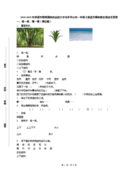 2018-2019年承德市宽城满族自治县大字沟乡中心校一年级上册语文模拟期末测试无答案