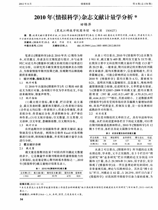 2010年《情报科学》杂志文献计量学分析