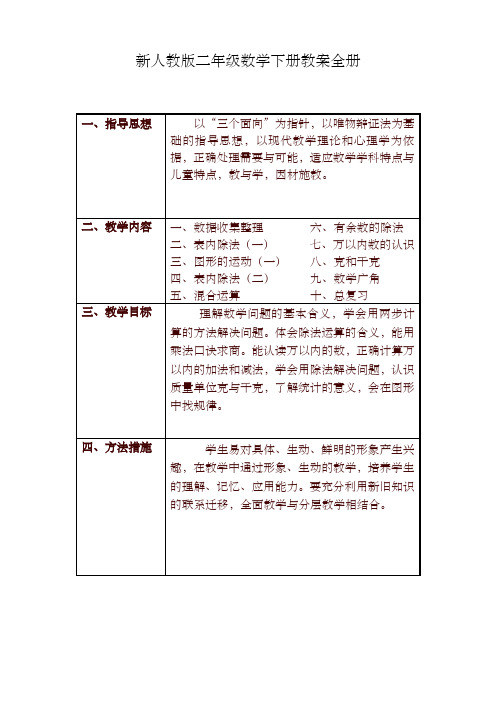 (全册系列精选)新人教版二年级数学下册教学计划及全册表格式教案 2
