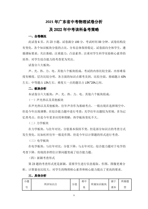 2021年广东省中考物理试卷分析及2022年中考备考策略