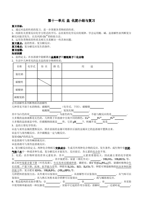 人教版化学九年级下册第11单元盐化肥小结与复习导学案
