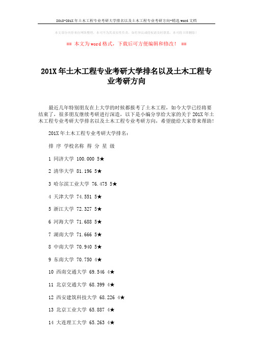 2018-201X年土木工程专业考研大学排名以及土木工程专业考研方向-精选word文档 (3页)