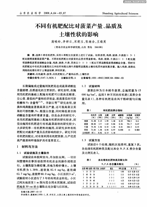不同有机肥配比对菠菜产量、品质及土壤性状的影响