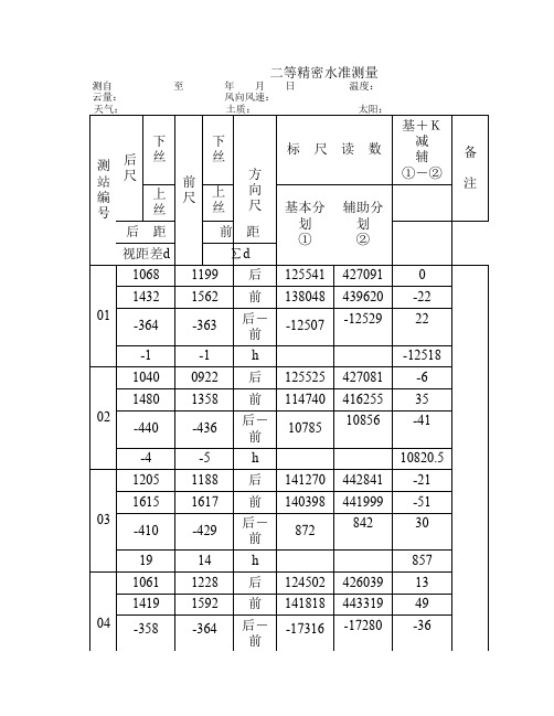 二等精密水准测量原始数据