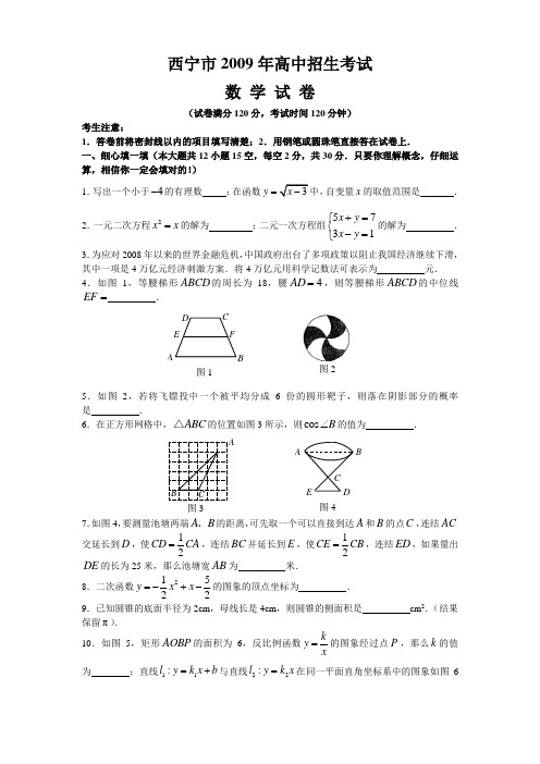 青海西宁市中考数学试题(word版无答案)