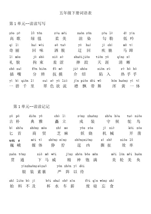 人教版五年级语文下册词语表