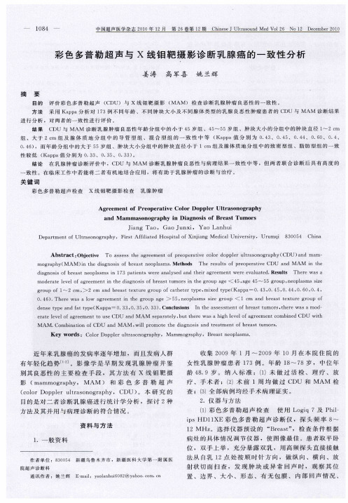 彩色多普勒超声与X线钼靶摄影诊断乳腺癌的一致性分析