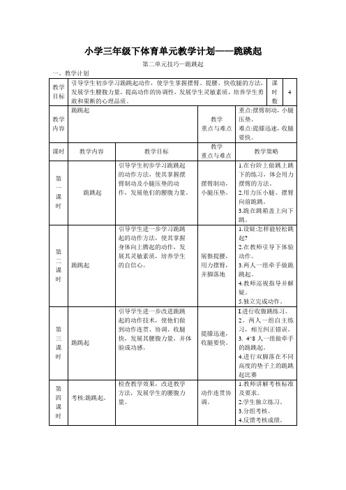 小学三年级下体育单元教学计划——跪跳起