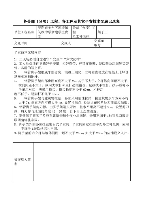 安全技术交底记录表(全套) 