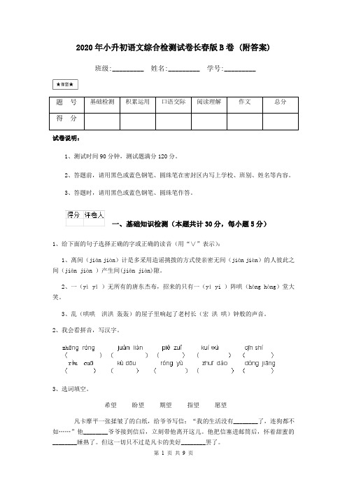 2020年小升初语文综合检测试卷长春版B卷 (附答案)