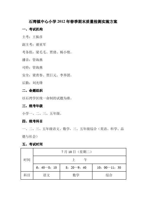 石湾镇中心小学2012年春季一二三五年级期末质量检测实施方案