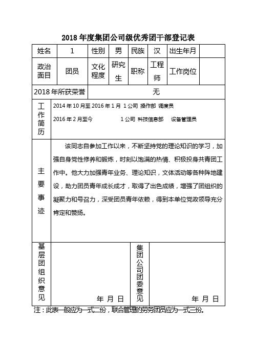 集团公司级优秀团干部登记表