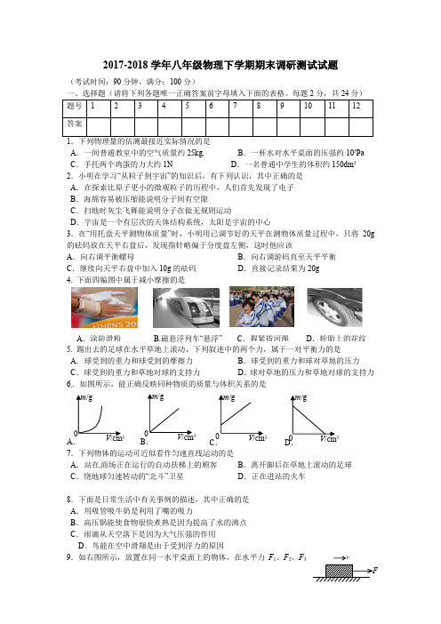 苏科版2017-2018学年八年级物理下学期期末调研测试试题
