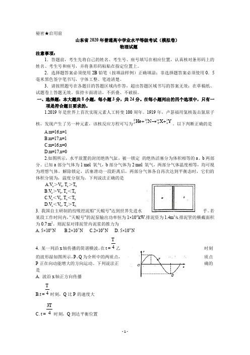 山东2020年普通高等学校招生全国统一考试(模拟卷)物理 word