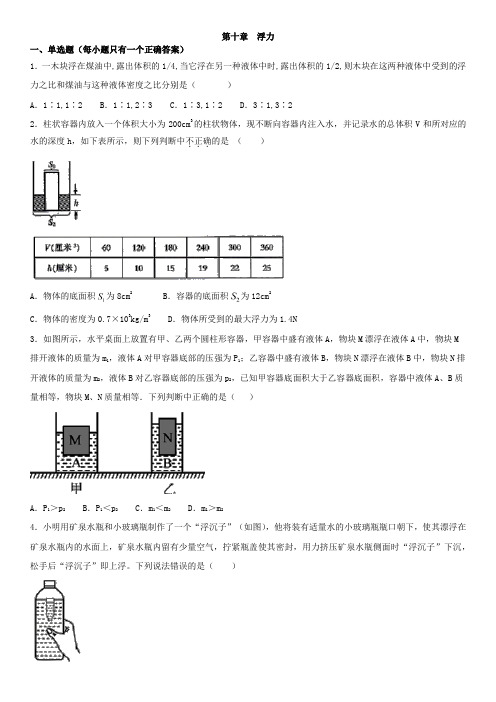 2020年春人教版八年级下册物理单元习题：第十章   浮力