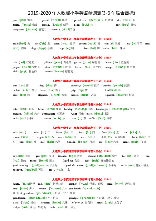 2019-2020年人教版小学英语单词表(3-6年级含音标)