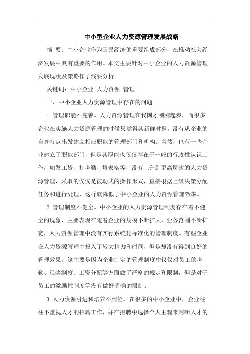 中小型企业人力资源管理发展战略