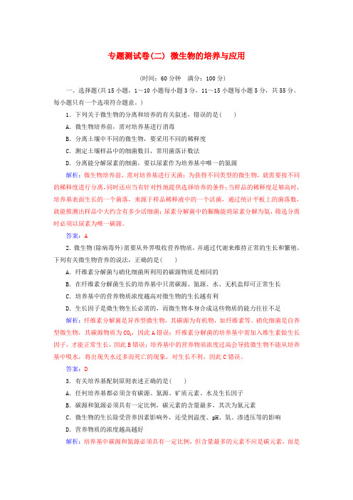 2018_2019学年高中生物专题测试卷二微生物的培养与应用新人教版选修
