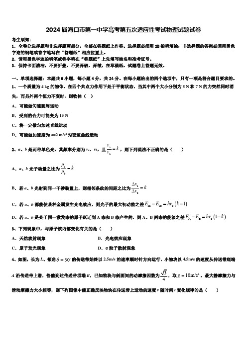 2024届海口市第一中学高考第五次适应性考试物理试题试卷